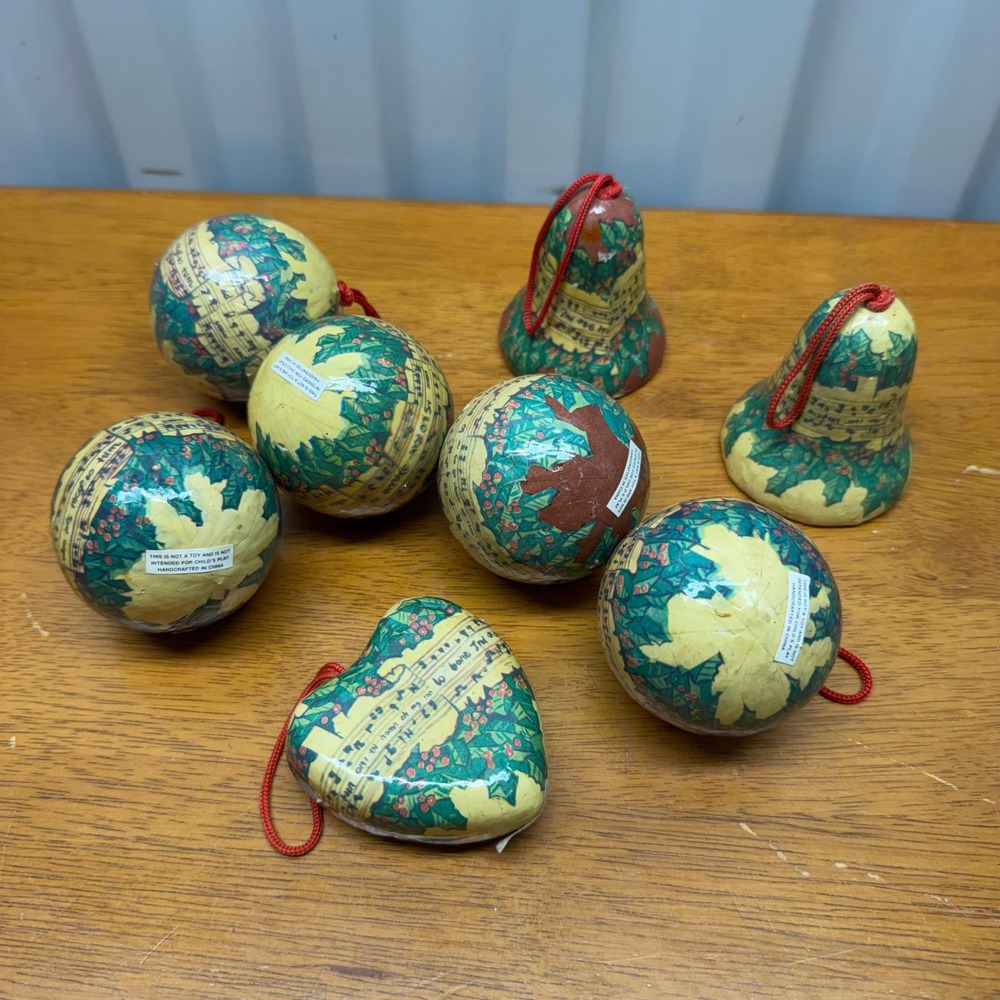 Vintage Style Paper Mache Christmas Ornaments Set of 8 Musical Holly Bells Heart